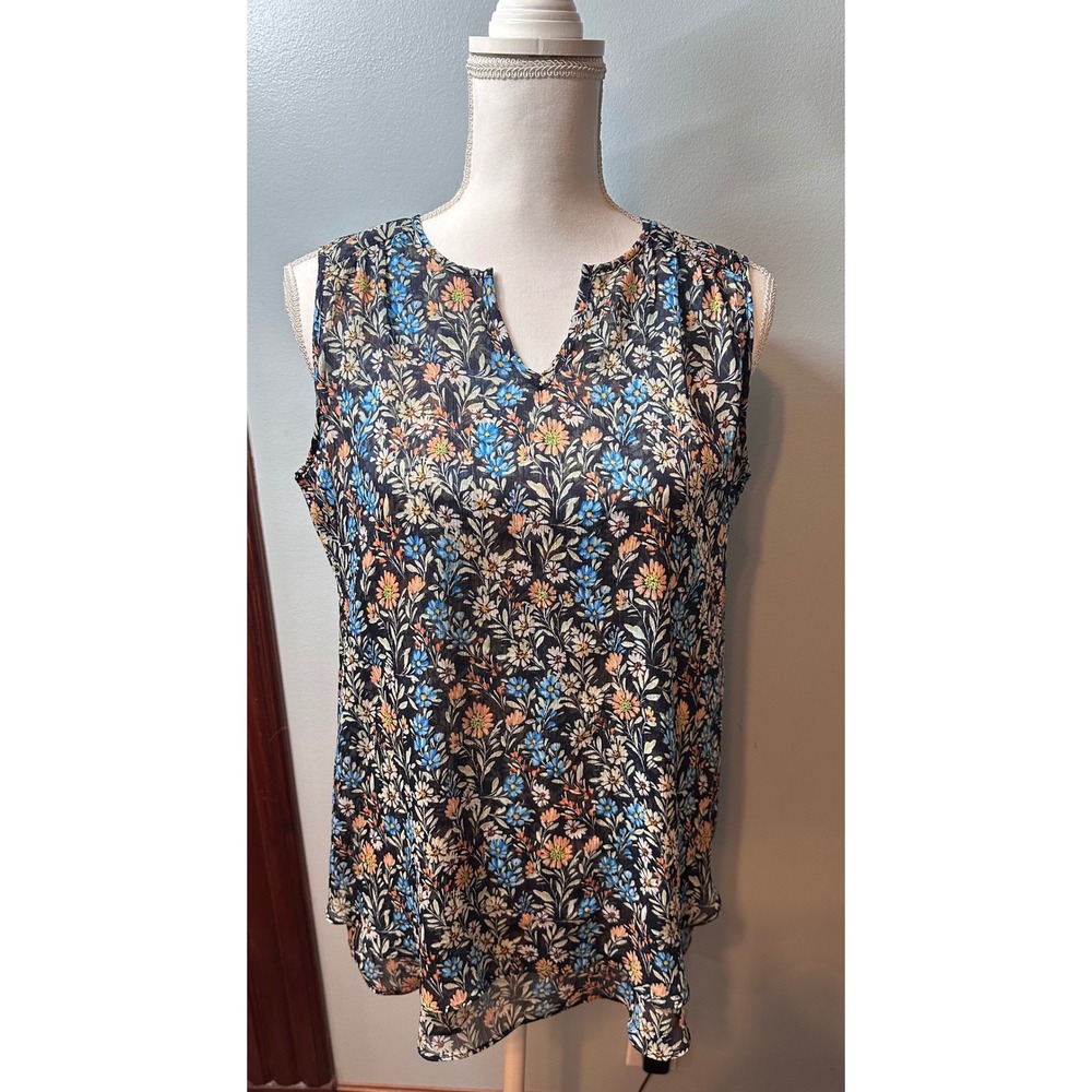 Cristina B Womens XS Sleeveless Floral Blouse Navy Blue V-Neck Sheer Layered Hem